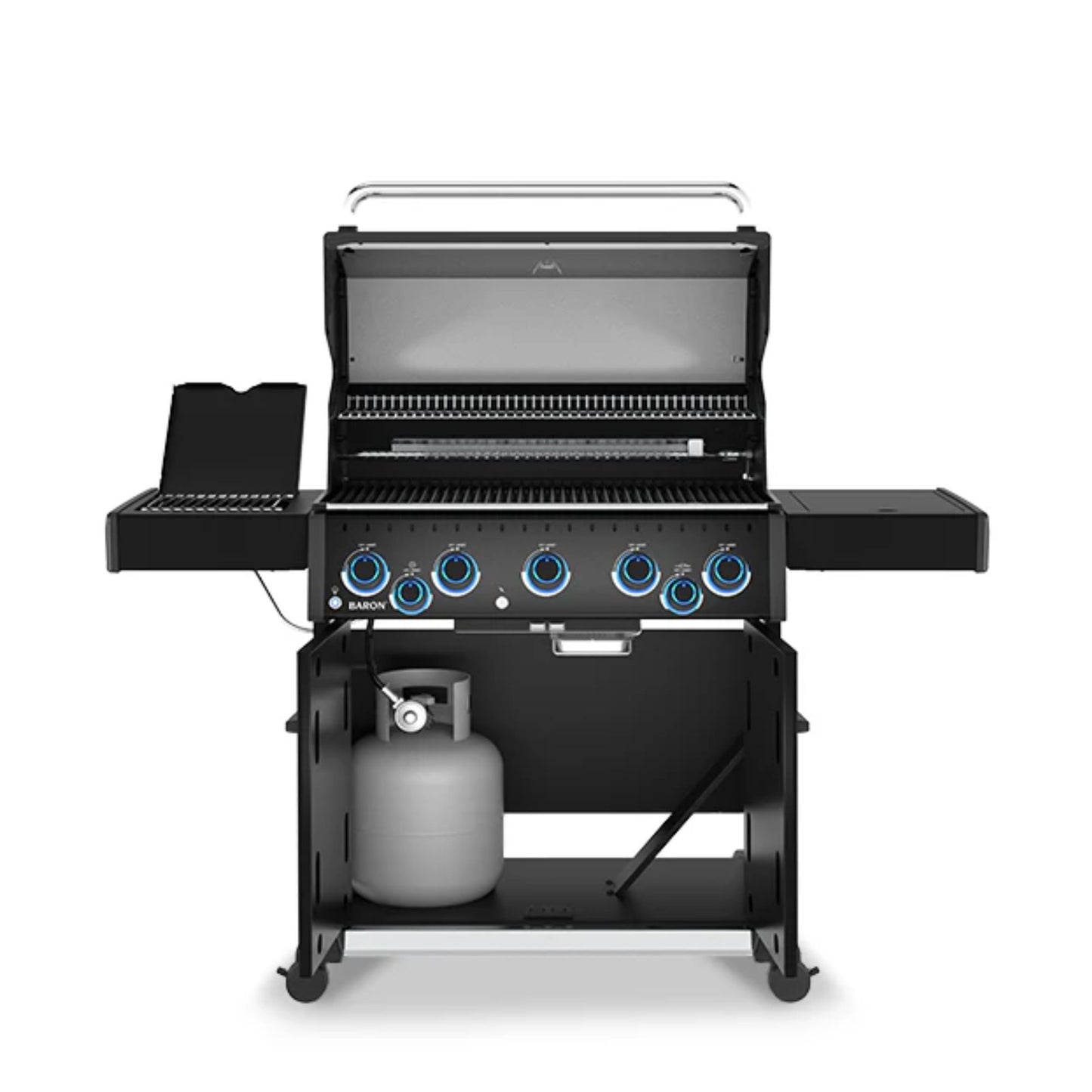 Broil King Baron 590 IRX Shadow Gas BBQ with open lid showing cooking grids, rotisserie burner and cabinet storage.