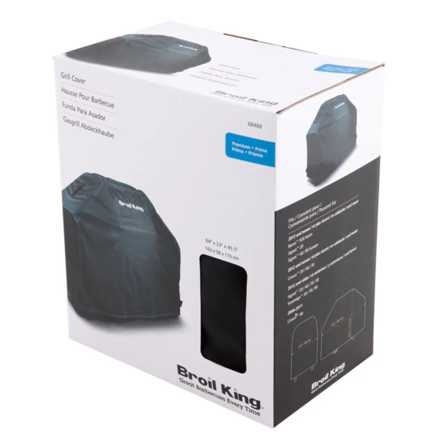 Broil King Baron 590 SELECT BBQ cover retail packaging with product image and compatibility information.