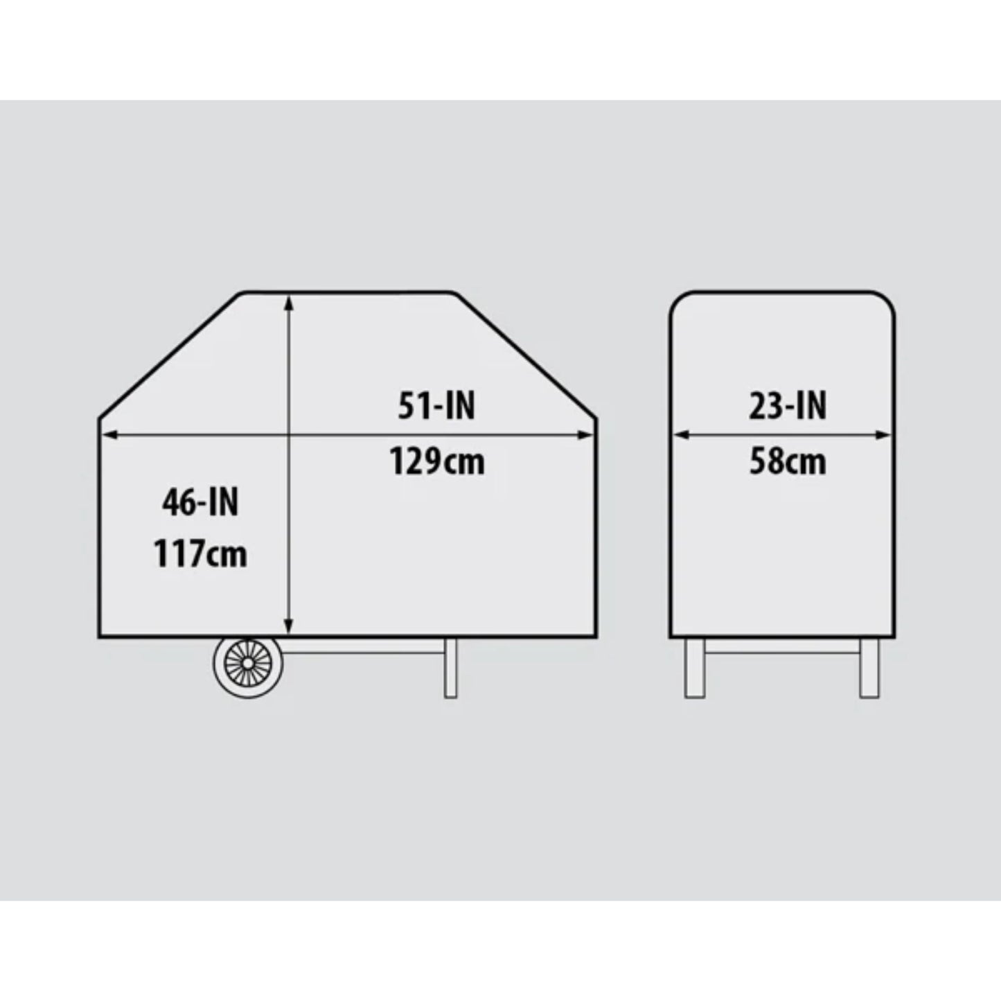 Dimensions diagram for the Broil King Royal 340 SELECT BBQ cover showing width, depth and height measurements.