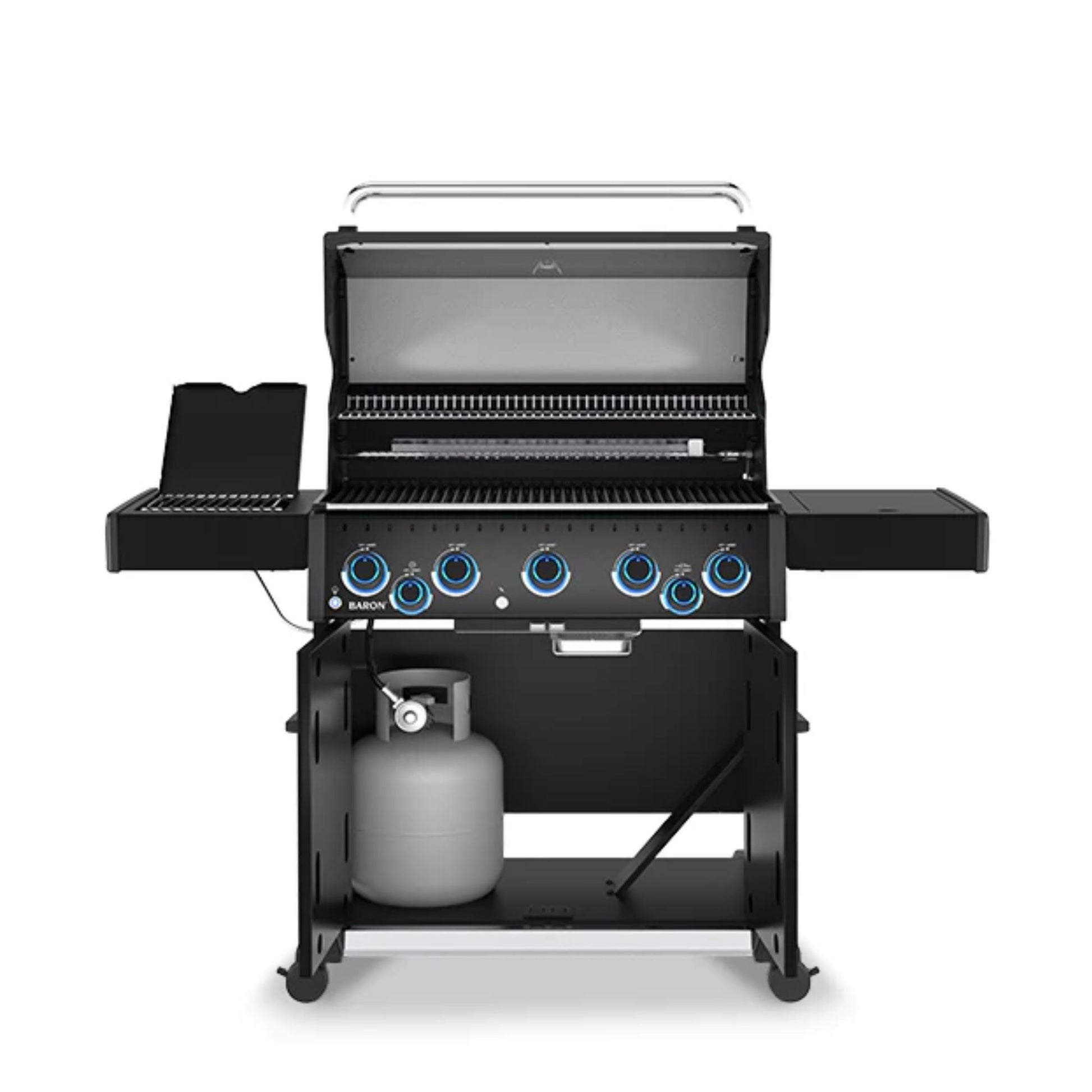 Broil King Baron 590 IRX Shadow Gas BBQ with open lid showing cooking grids, rotisserie burner and cabinet storage.