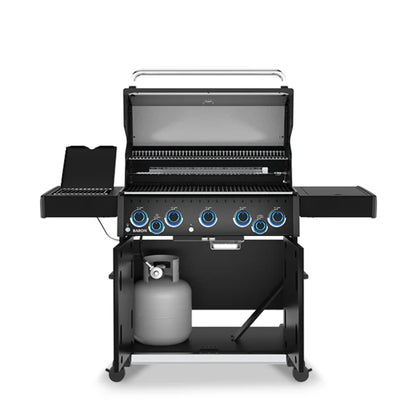 Broil King Baron 590 IRX Shadow Gas BBQ with open lid showing cooking grids, rotisserie burner and cabinet storage.