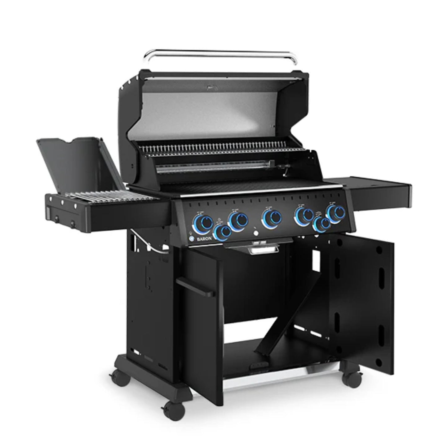 Angled side view of the Broil King Baron 590 IRX Shadow Gas BBQ with side burner and rotisserie system.