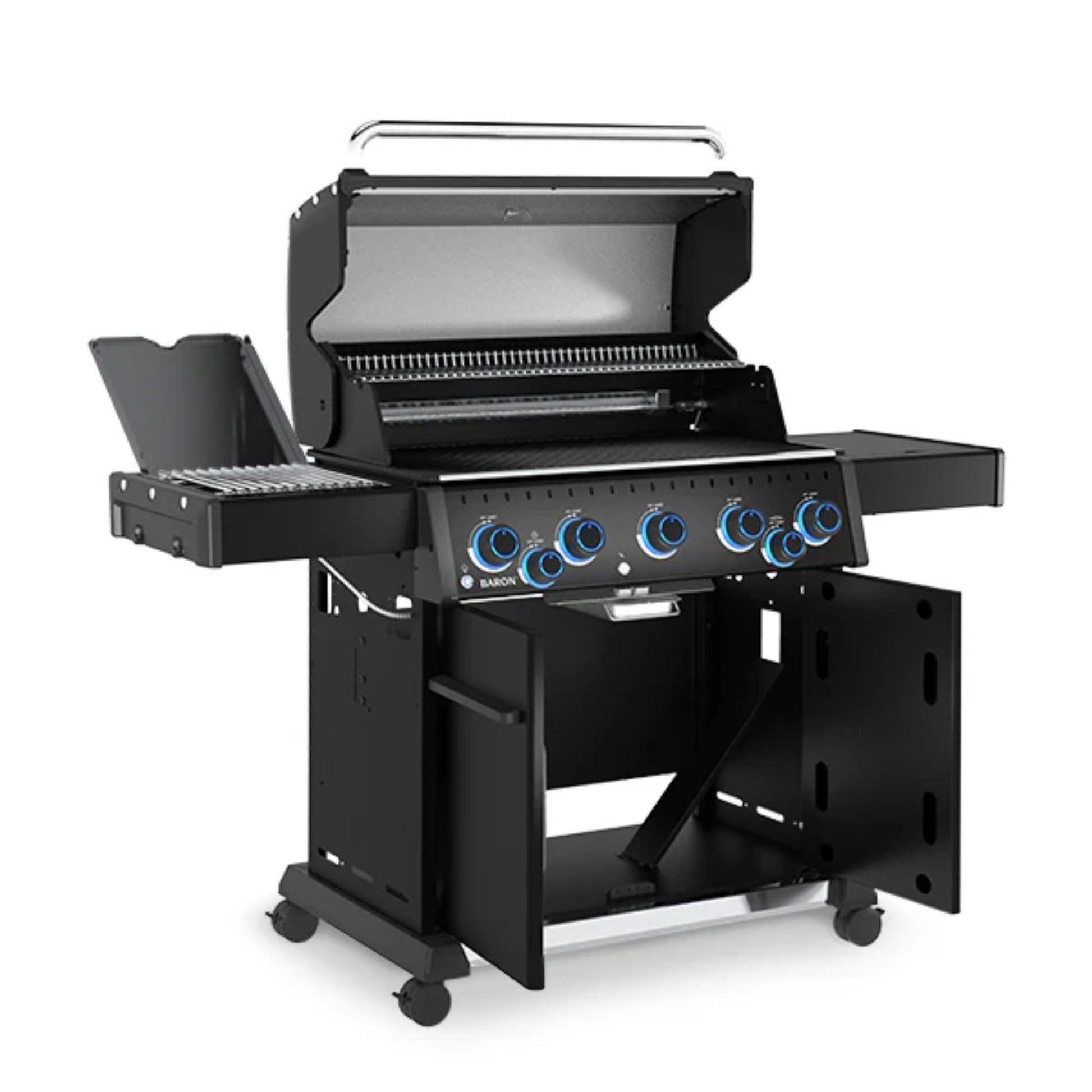 Angled side view of the Broil King Baron 590 IRX Shadow Gas BBQ with side burner and rotisserie system.