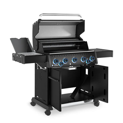 Angled side view of the Broil King Baron 590 IRX Shadow Gas BBQ with side burner and rotisserie system.