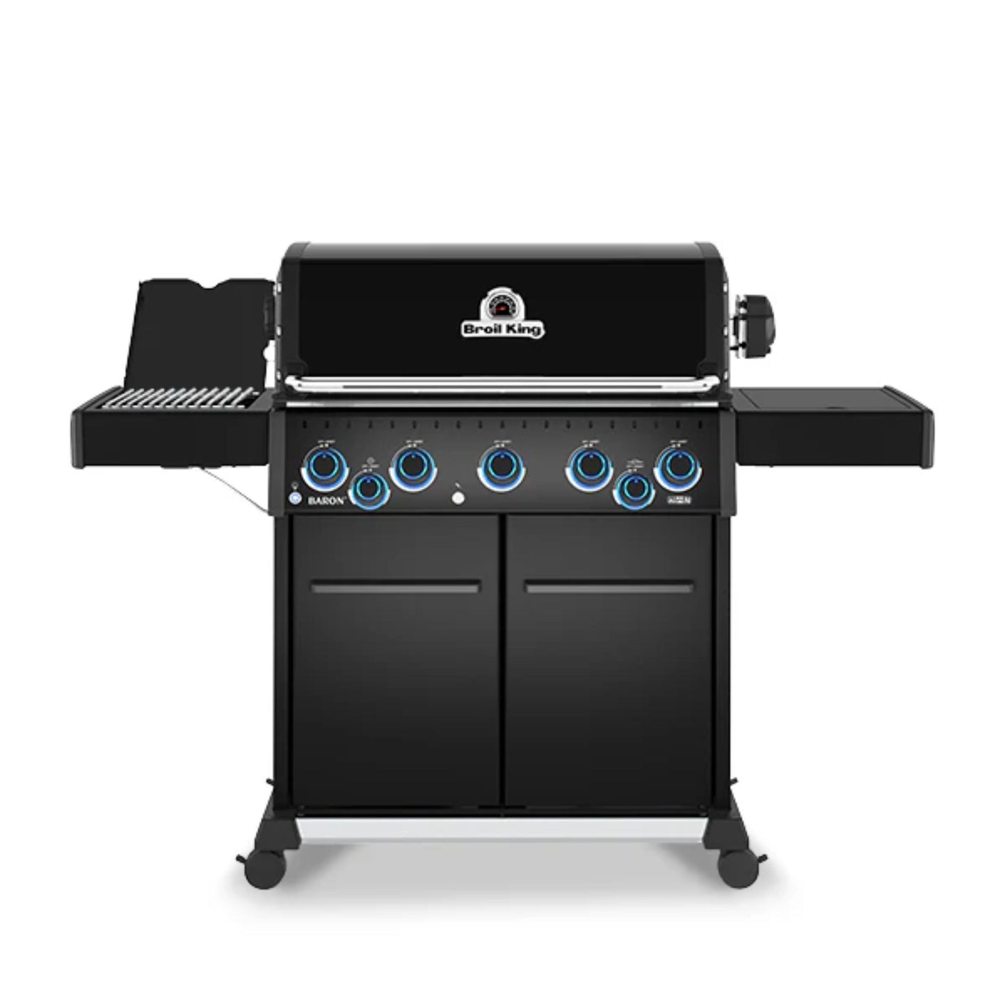 Front view of the Broil King Baron 590 IRX Shadow Gas BBQ with illuminated control knobs and side burner.