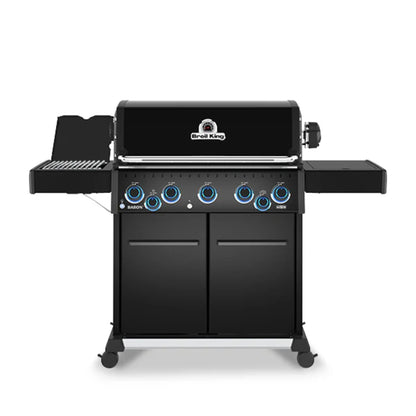 Front view of the Broil King Baron 590 IRX Shadow Gas BBQ with illuminated control knobs and side burner.