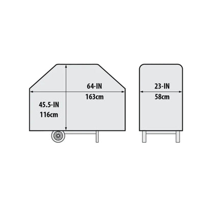 Dimensions diagram for the Broil King Baron 590 SELECT BBQ cover showing width, depth and height measurements.