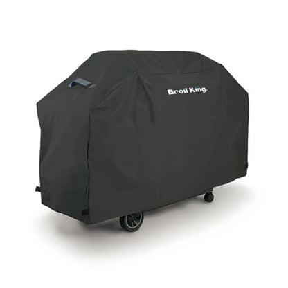 Broil King Crown 430 SELECT weather-resistant BBQ cover fitted over a gas barbecue.