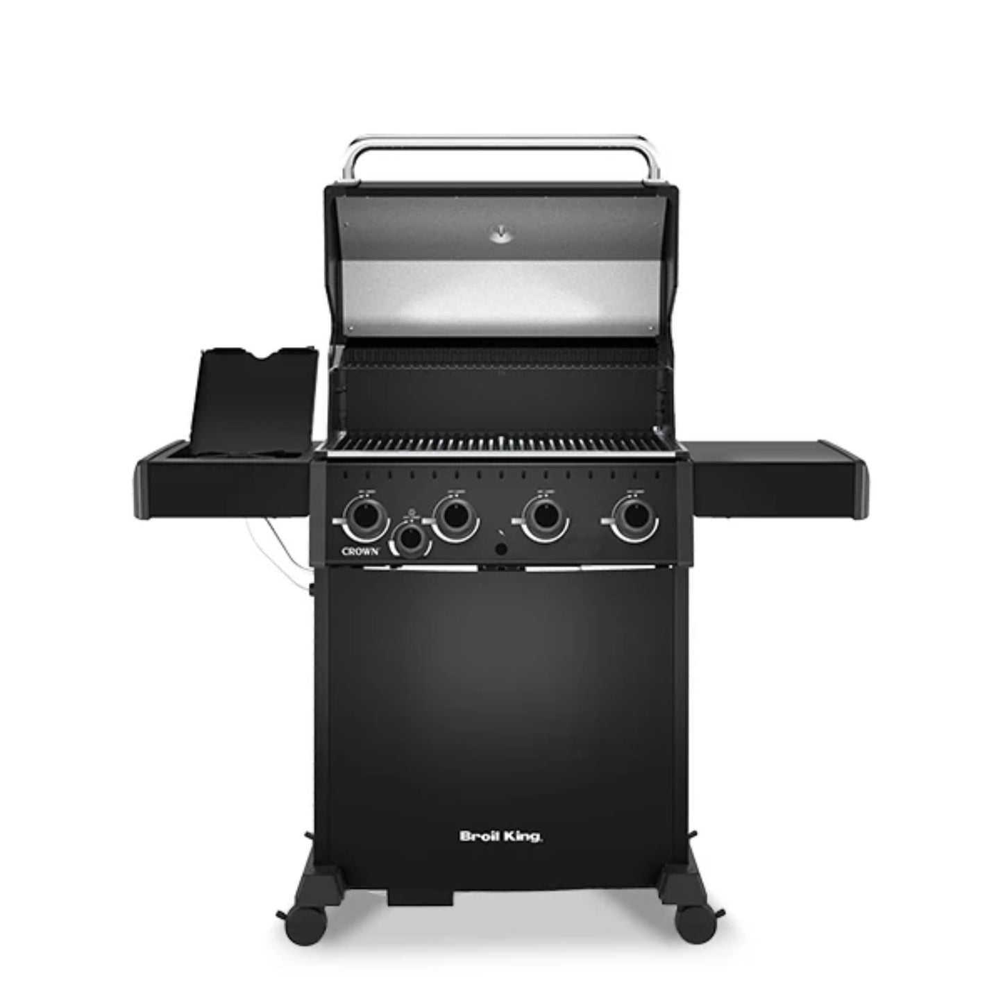 Broil King gas BBQ with the lid open on a white background. 