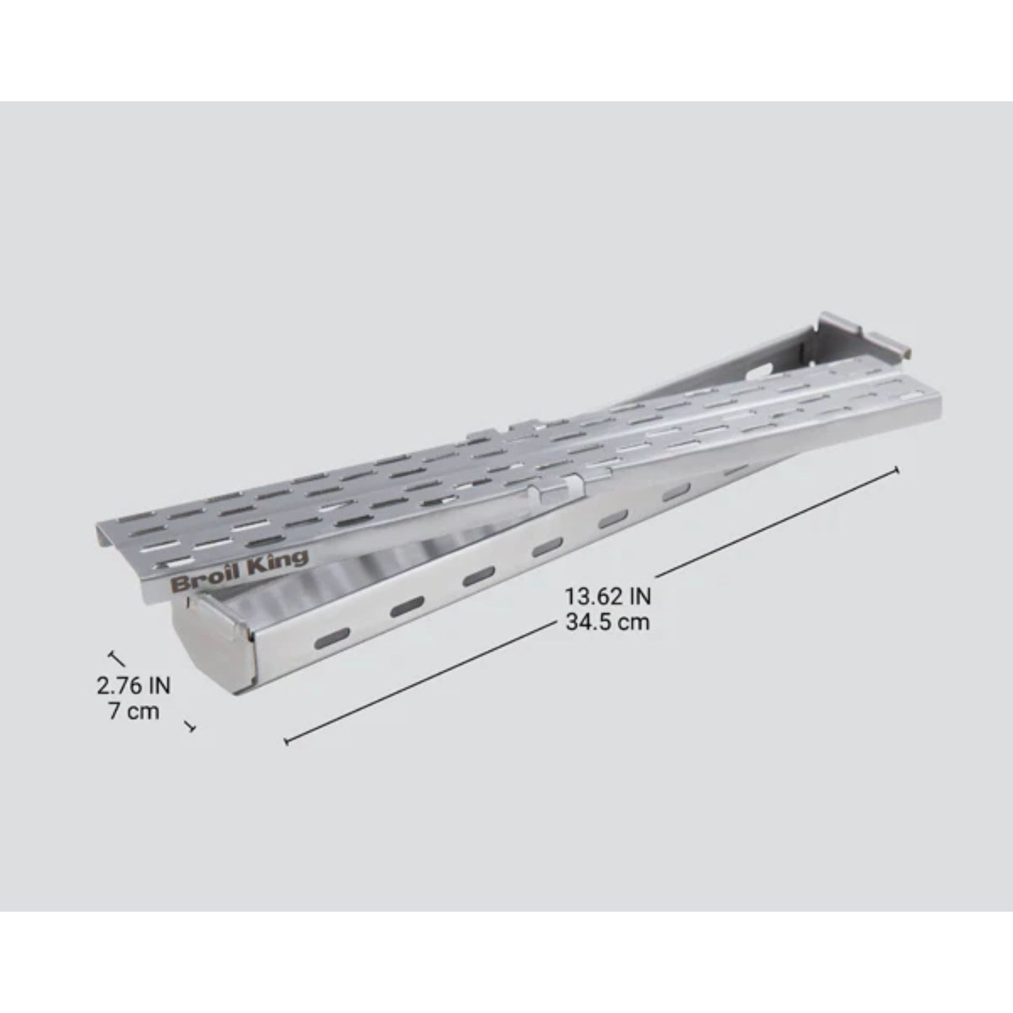 Stainless steel smoker box on a white background with the dimensions. 