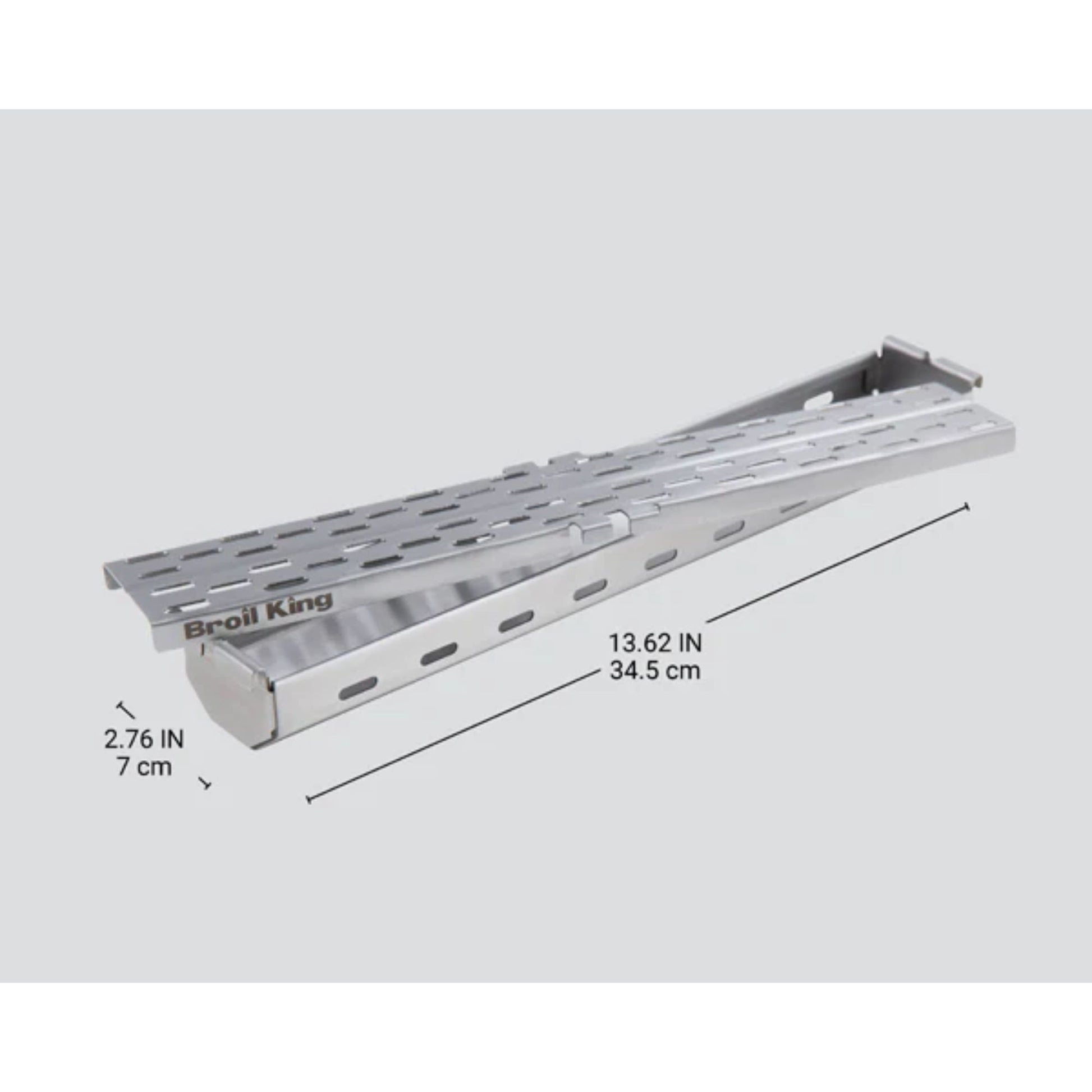 Stainless steel smoker box on a white background with the dimensions. 