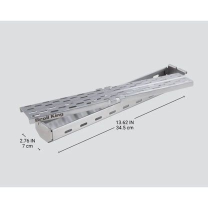 Stainless steel smoker box on a white background with the dimensions. 