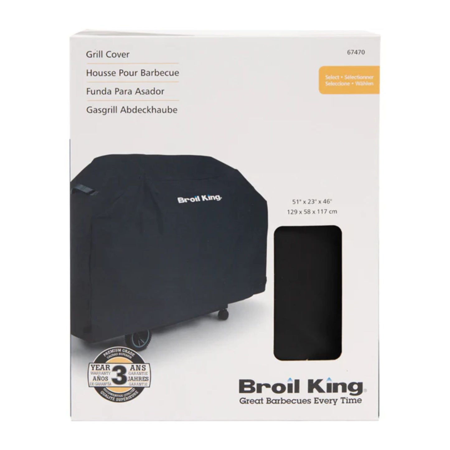 Broil King Royal 340 SELECT BBQ cover retail packaging with product image and dimensions.