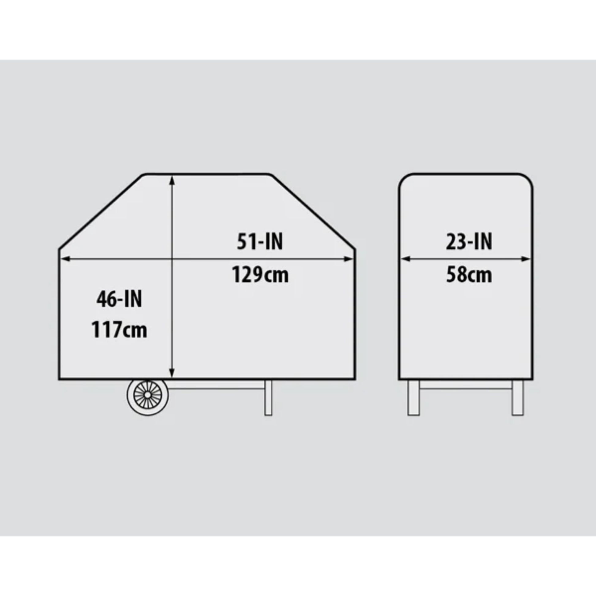 Dimensions diagram for the Broil King Royal 340 SELECT BBQ cover showing width, depth and height measurements.