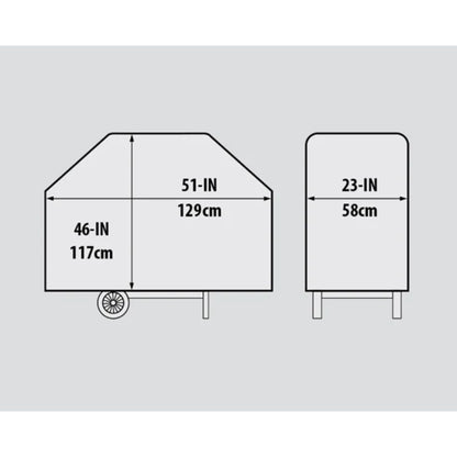 Dimensions diagram for the Broil King Royal 340 SELECT BBQ cover showing width, depth and height measurements.
