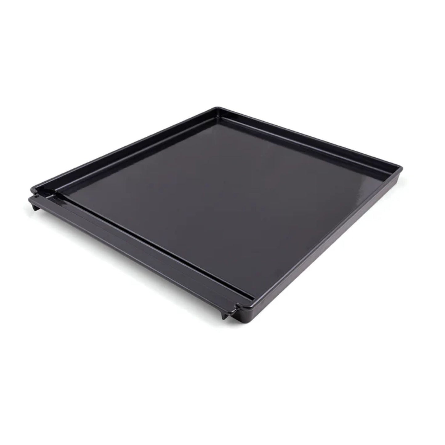 Black rectangular grill tray on a white background
