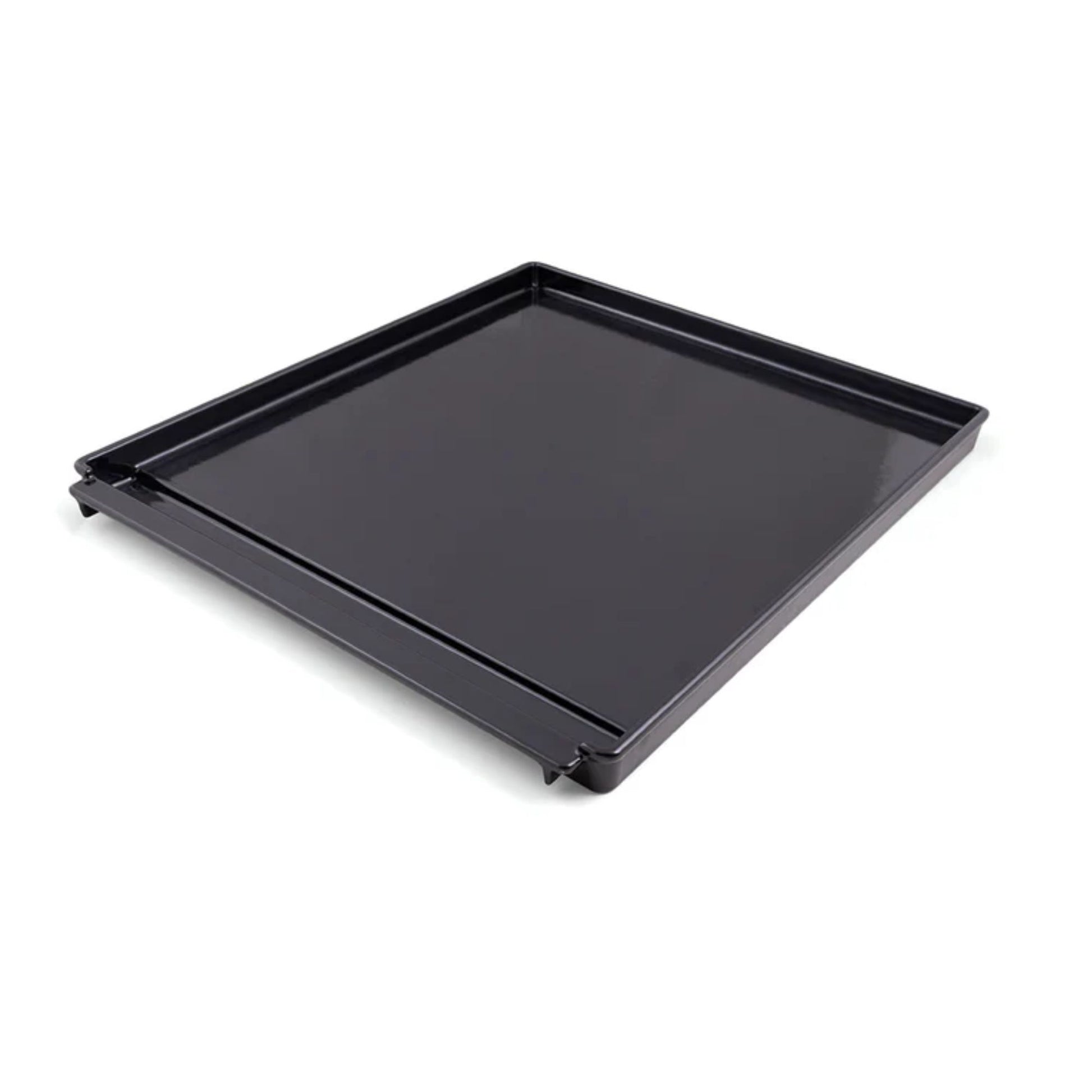 Black rectangular grill tray on a white background