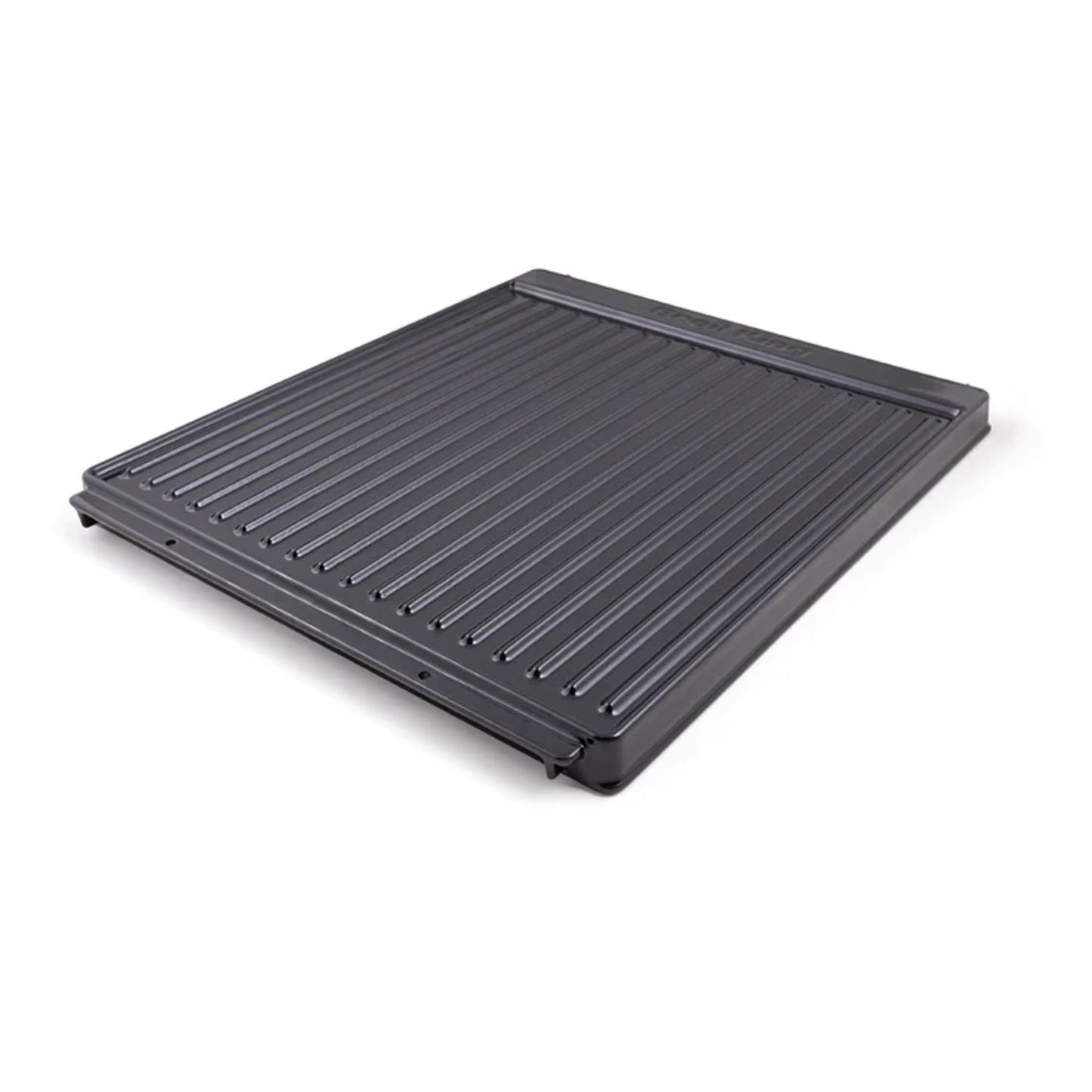 Black rectangular grill pan with ribbed surface on a white background