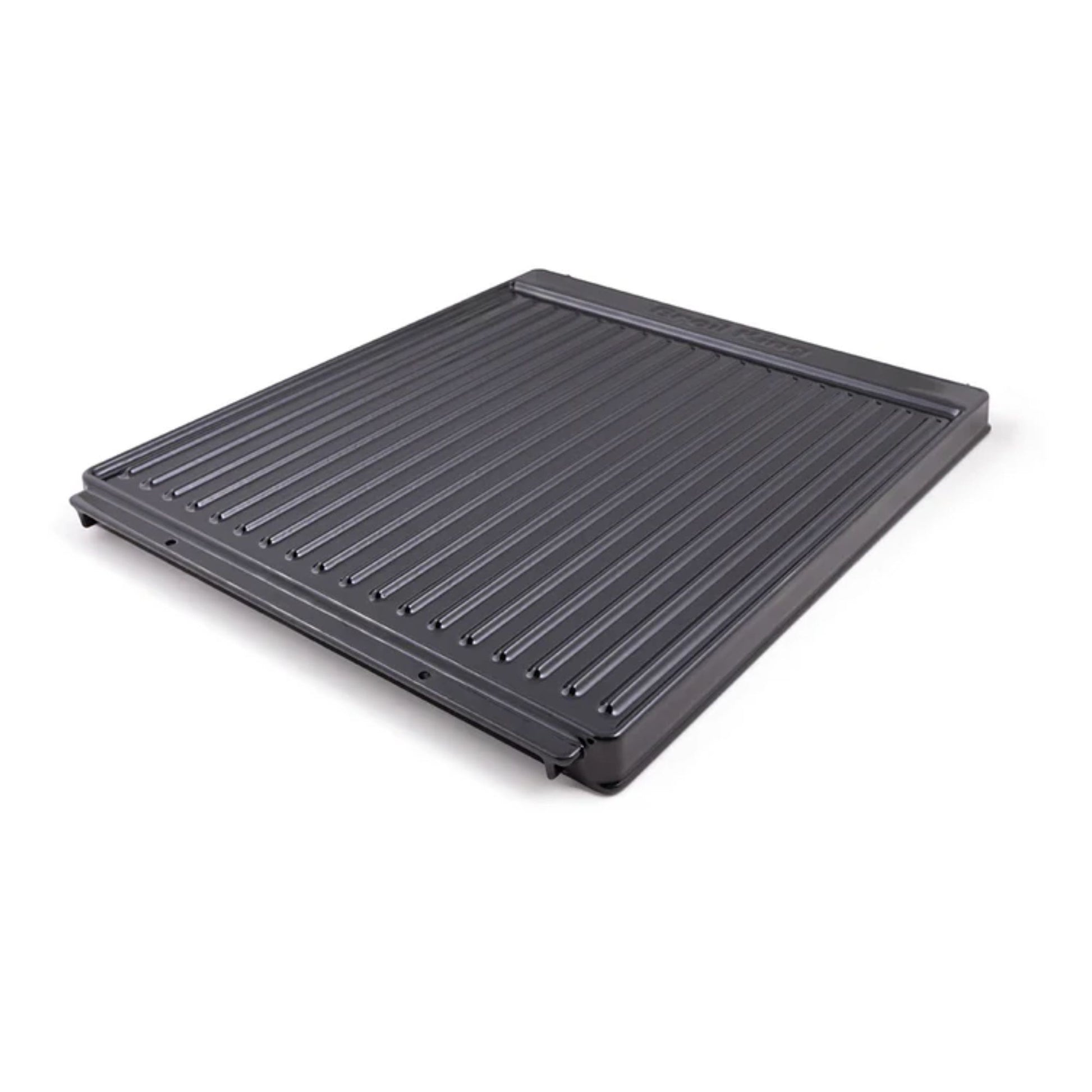 Black rectangular grill pan with ribbed surface on a white background