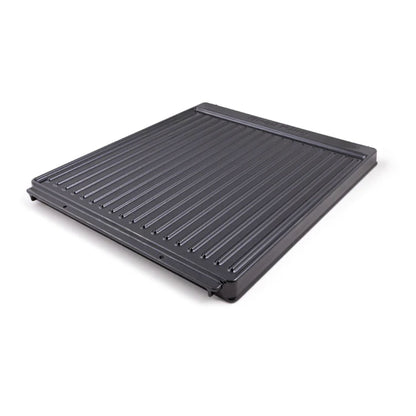 Black rectangular grill pan with ribbed surface on a white background