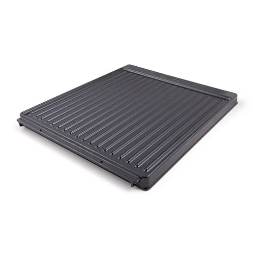 Black rectangular grill pan with ribbed surface on a white background