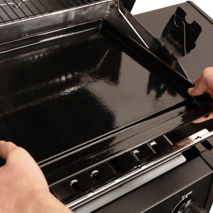 Person opening a black grill lid