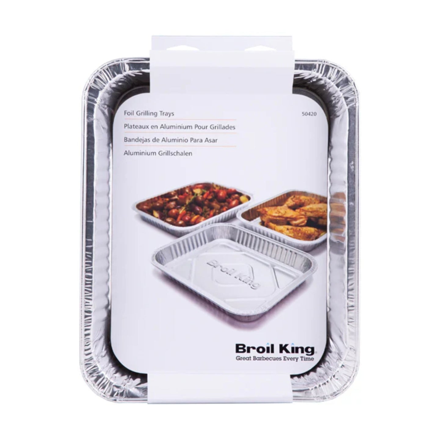 Aluminum foil grilling trays with packaging on a white background