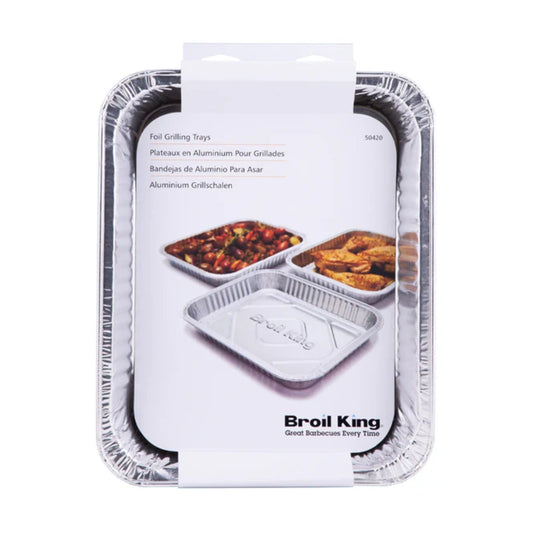Aluminum foil grilling trays with packaging on a white background