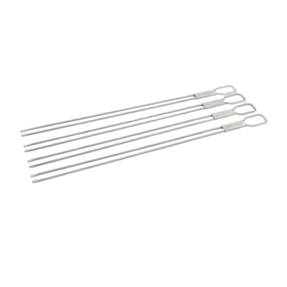 Four stainless steel skewers on a white background.