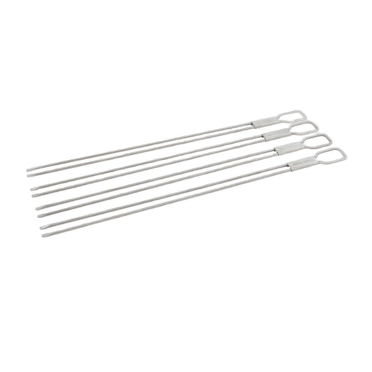 Four stainless steel skewers on a white background.