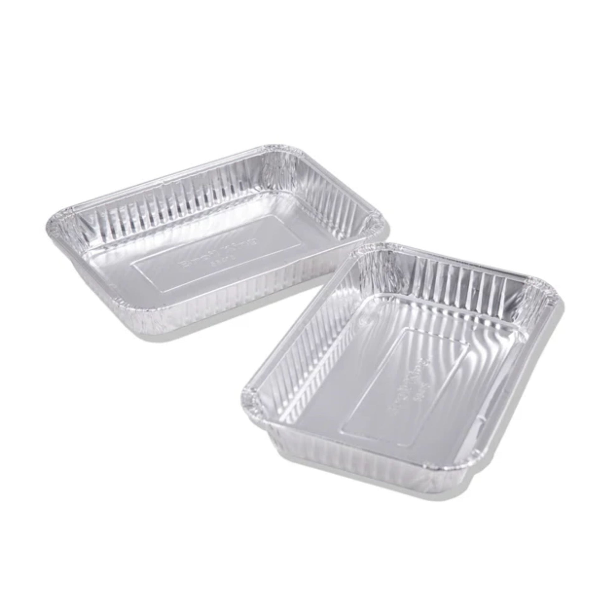 Two rectangular aluminum food containers on a white background