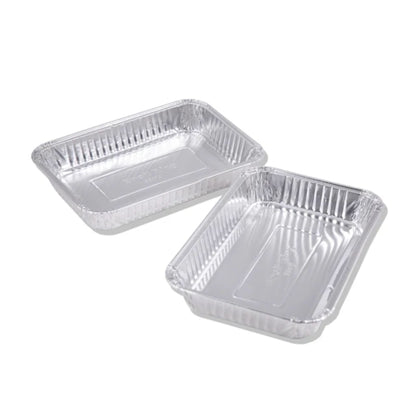Two rectangular aluminum food containers on a white background