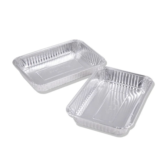 Two rectangular aluminum food containers on a white background