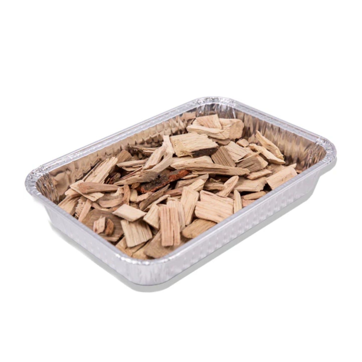 Aluminum tray filled with wooden chips on a white background