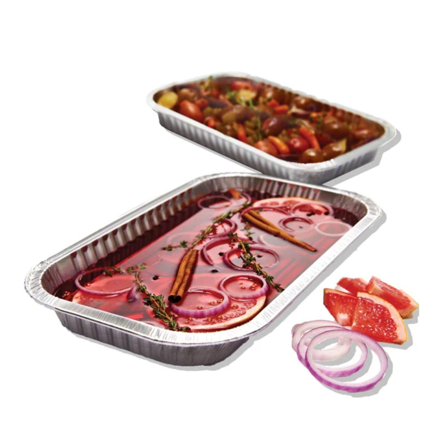 Two aluminum food containers with food inside on a white background