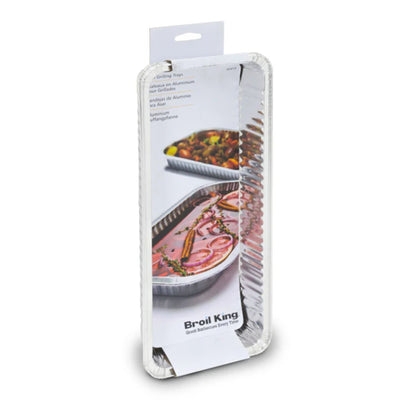 Aluminum foil tray packaging with images of food on a white background