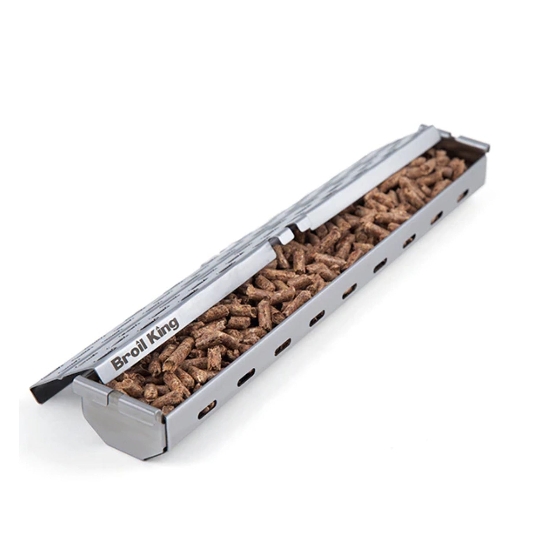 Grill pellet tray with brown pellets inside, branded 'Broil King', on a white background