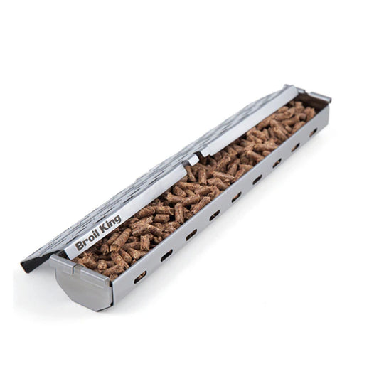 Grill pellet tray with brown pellets inside, branded 'Broil King', on a white background