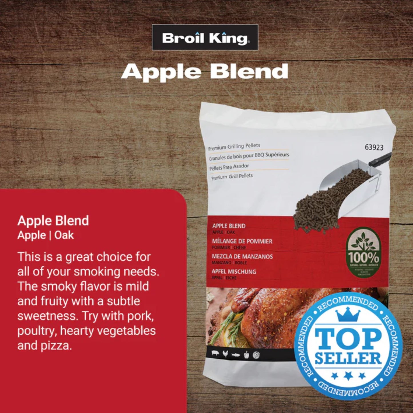 Broil King Apple Blend smoking pellets packaging on a wooden background