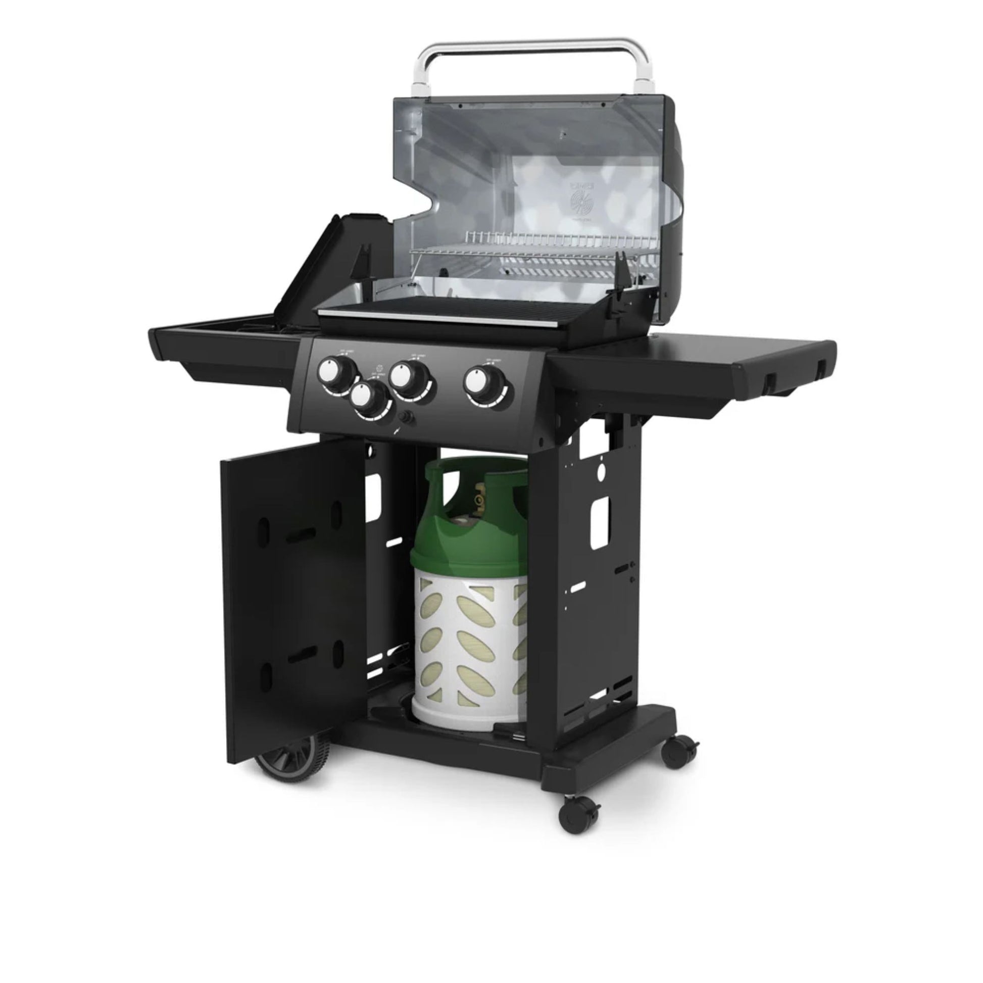 A Broil King gas BBQ showing the gas canister with the door open on a white background. 