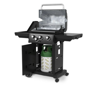 A Broil King gas BBQ showing the gas canister with the door open on a white background. 