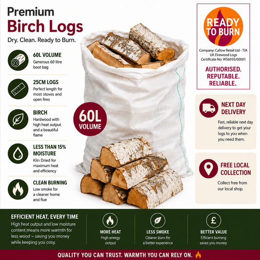 Kiln Dried Birch Firewood Logs 60L Boot Bag