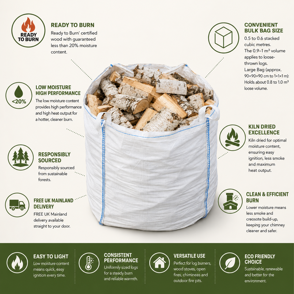 Firewood Kiln Dried Hardwood Log Bulk Bag