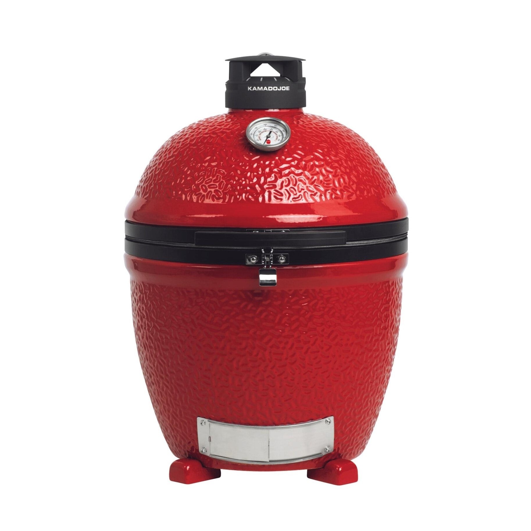 Red kamado grill with textured surface and temperature gauge on a white background