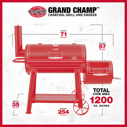 Red Char-Griller Grand Champ charcoal grill and smoker with dimensions and features on a white background.