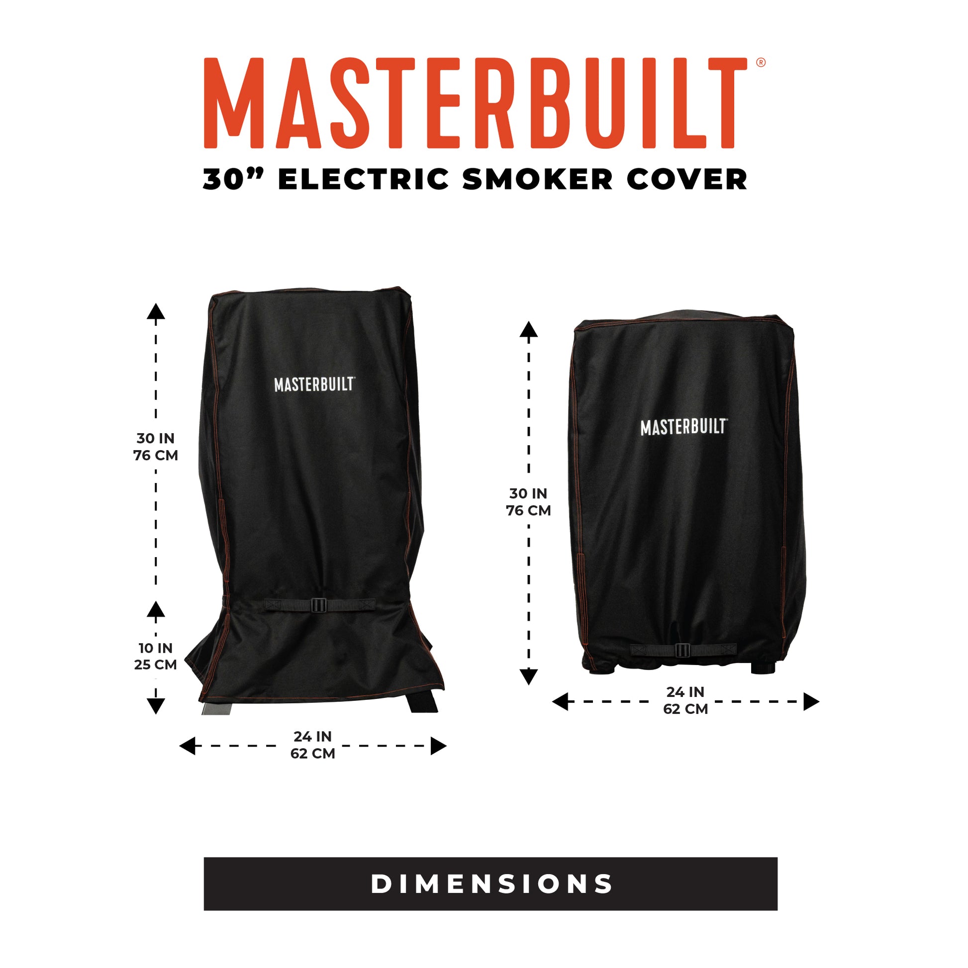 Masterbuilt 30-inch electric smoker cover with dimensions on a white background