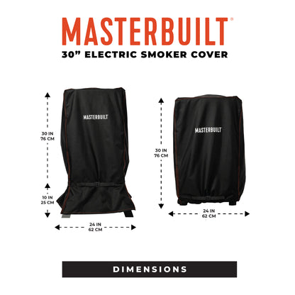 Masterbuilt 30-inch electric smoker cover with dimensions on a white background