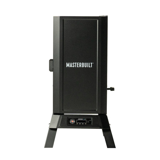 Black Masterbuilt smoker on a white background