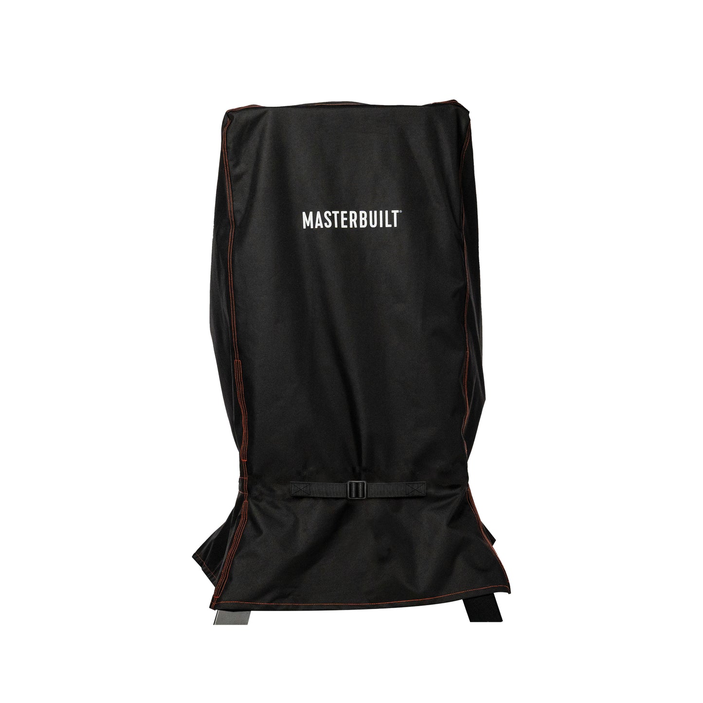 Black smoker cover with 'Masterbuilt' branding on a white background