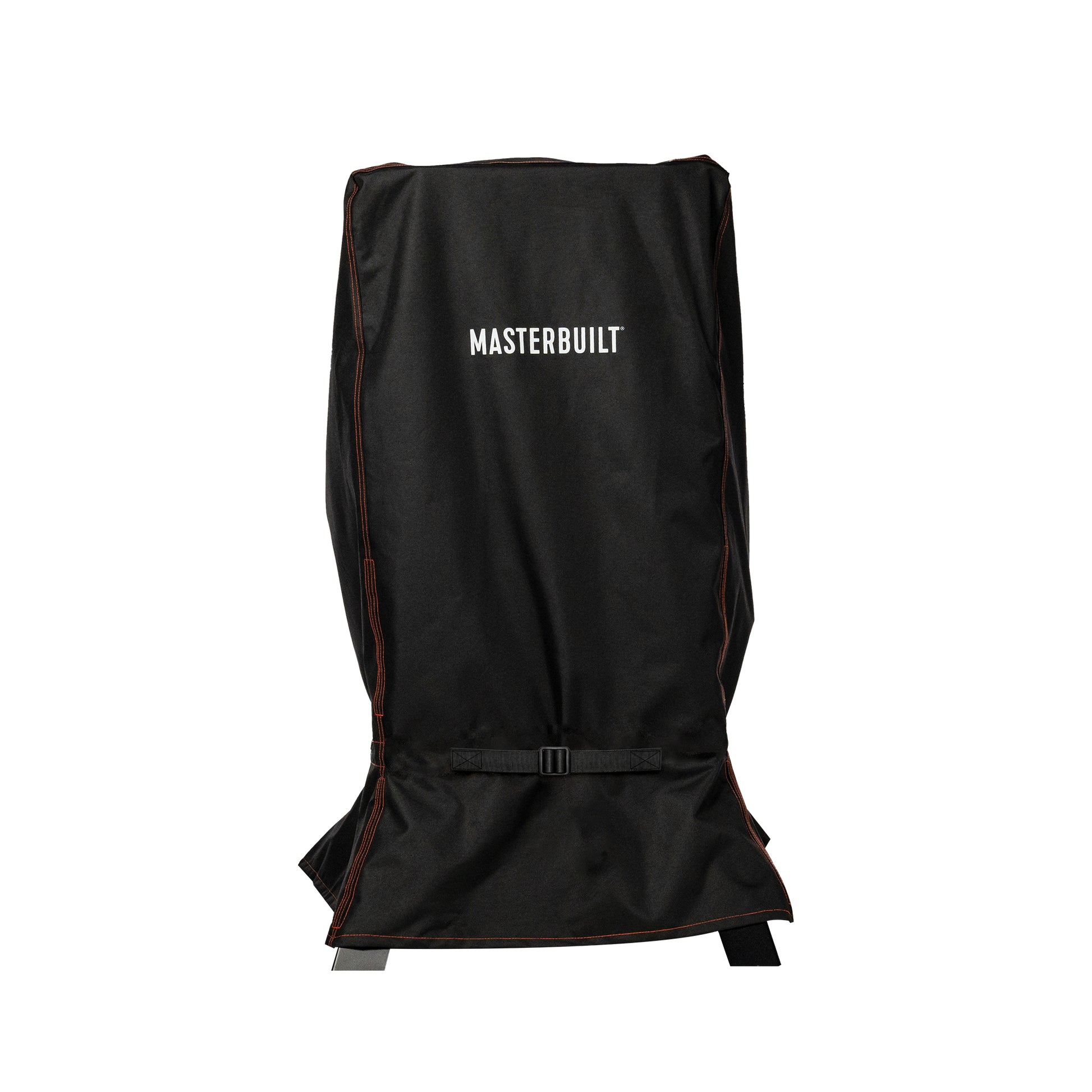 Black smoker cover with 'Masterbuilt' branding on a white background